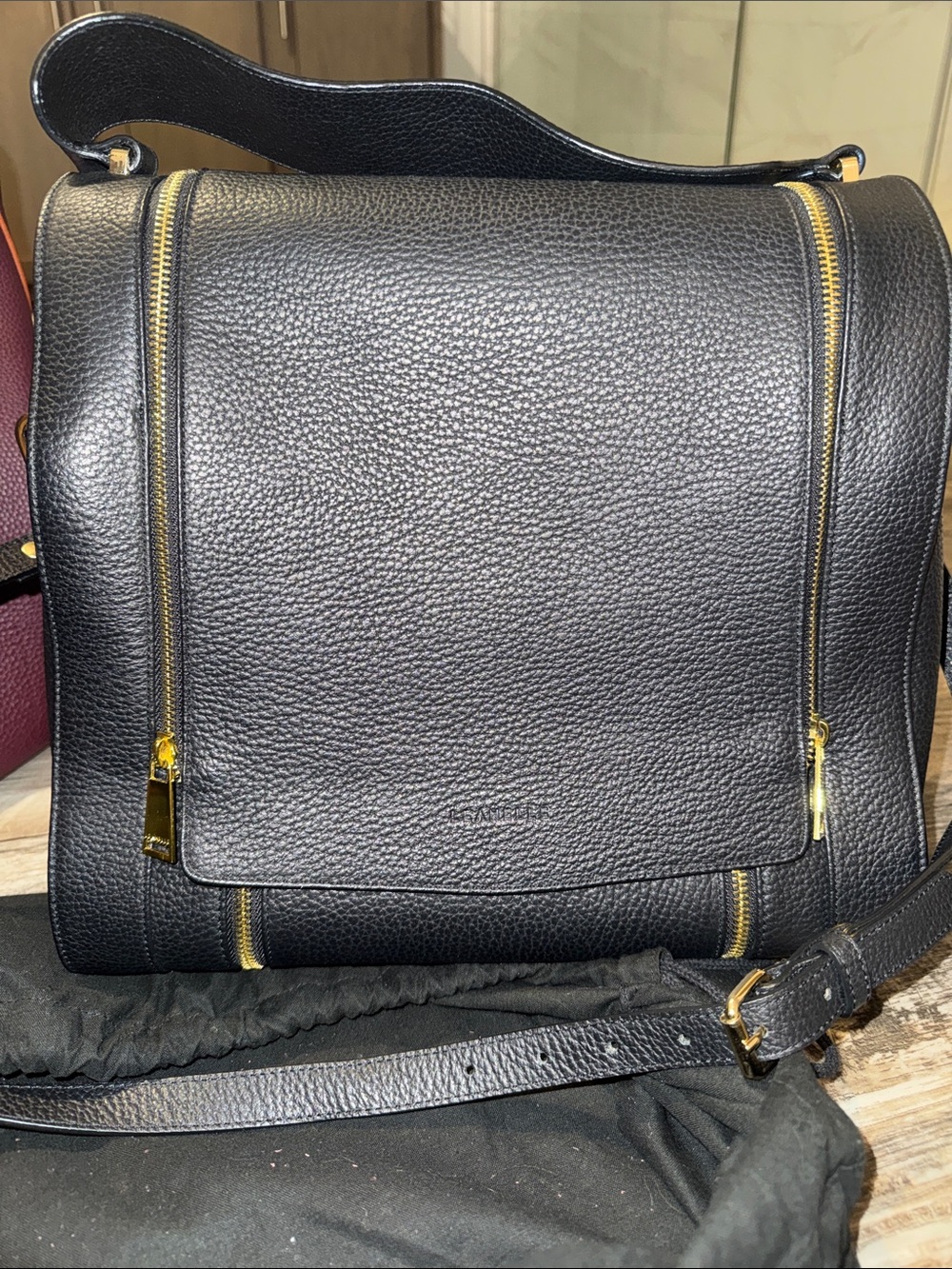 Black Pebbled Leather Messenger Bag with Gold Hardware - Women